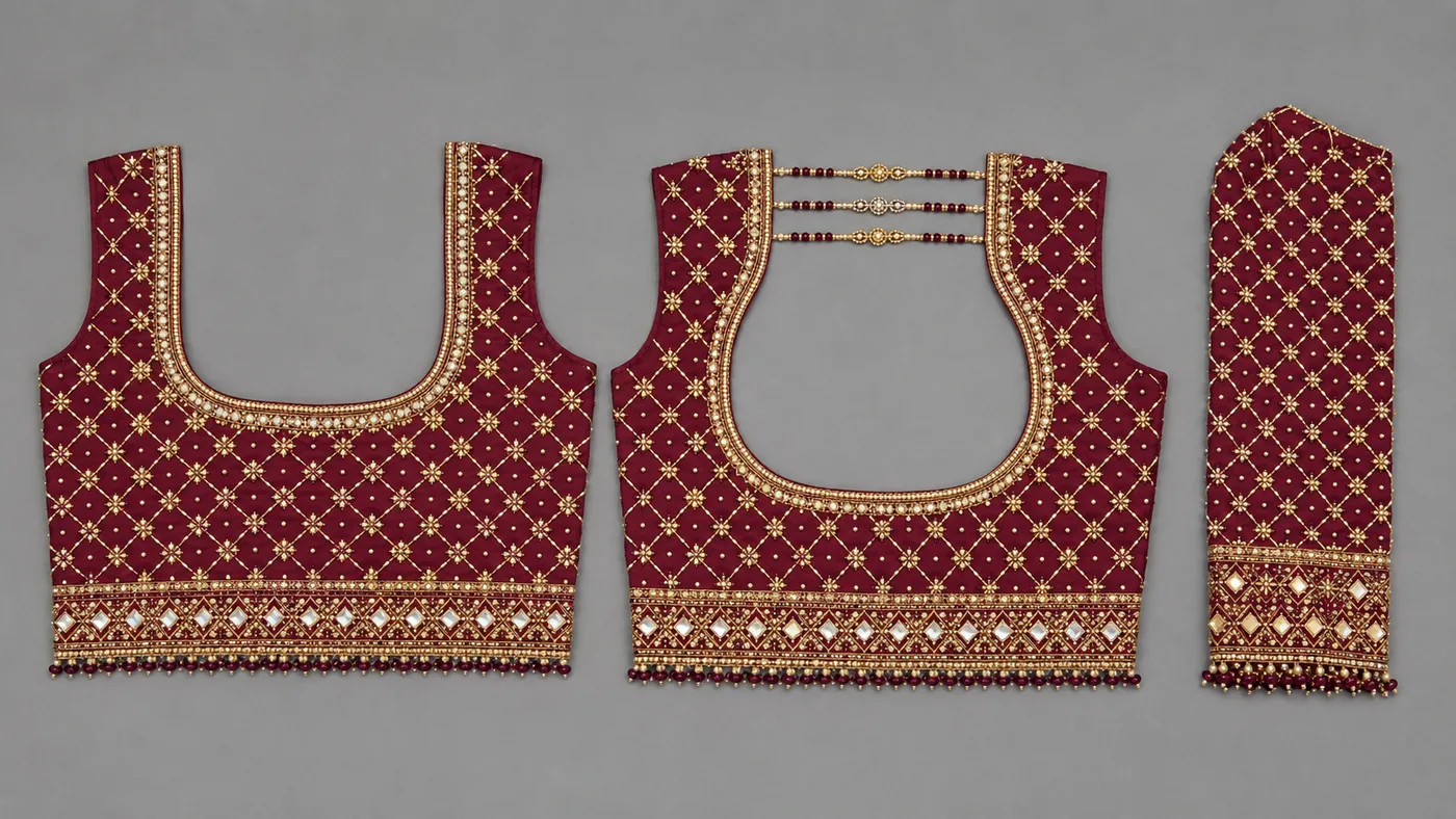 Design reference - Maroon silk blouse front, back and sleeve covered in a gold diamond lattice of small star flowers, with a wide waist border of square mirrors edged in gold and a fringe of maroon and pearl beads along the hem; the back has a scooped opening laced with three beaded strings.