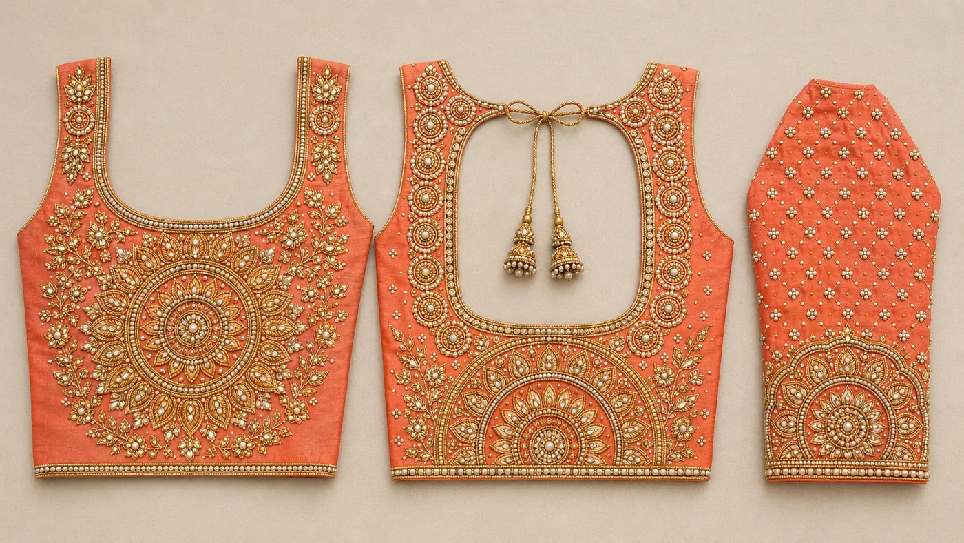 Design reference - Coral orange silk blouse with a large circular sunburst medallion of gold zardosi and white stones filling the chest, creeping floral sprays over the shoulders, a matching half-medallion below the square back opening tied with gold tassels, and a fine pearl lattice on the sleeve.