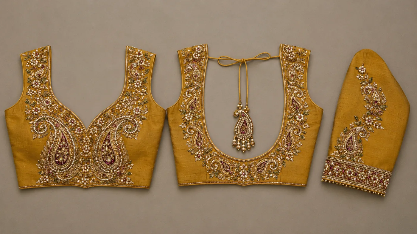 Design reference - Mustard-gold raw silk blouse with large paisley mangoes outlined in pearls and filled with maroon and green stones sitting on the bust and around the deep back scoop, small white flowers trailing along the shoulders, and a paisley-tipped tie cord hanging down the back.