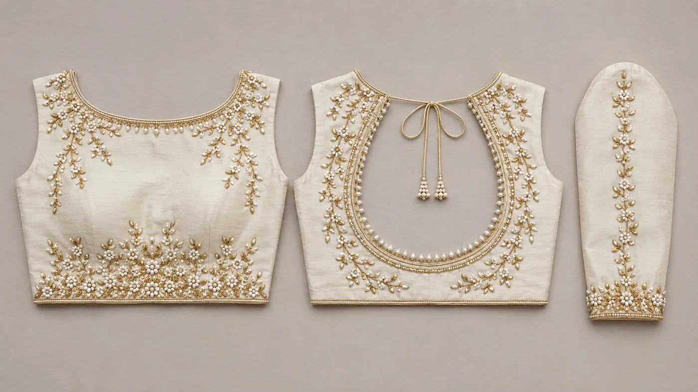 Design reference - Ivory raw silk blouse worked lightly in gold zardosi and white pearls, with slender leafy vines falling from the shoulders, a small flower cluster at the waist, a pearl-scalloped horseshoe back opening with gold tie tassels, and a single vine running down the sleeve.