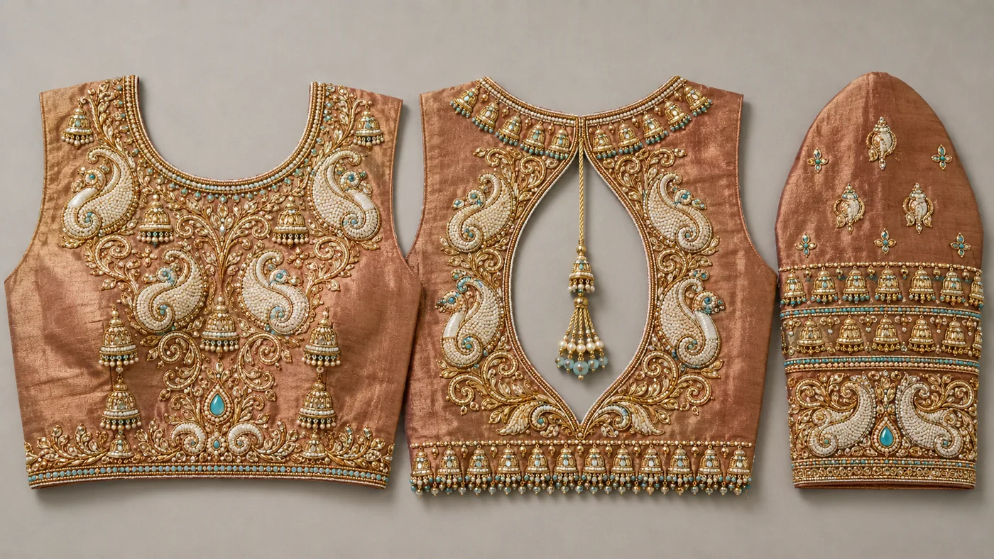 Design reference - Copper rose-gold silk blouse with pearl-filled paisley mangoes, gold scrollwork and rows of hanging jhumka bell motifs picked out in turquoise beads across the chest, waist and sleeve, and a keyhole back opening with a beaded gold tassel.