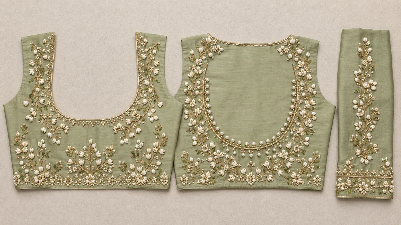 Design reference - Sage green silk blouse embroidered with trailing jasmine-bud sprays in white pearls and soft green thread leaves along the shoulders, waist and full sleeve, with a pearl-edged round neck and a deep scooped back framed by the same buds.