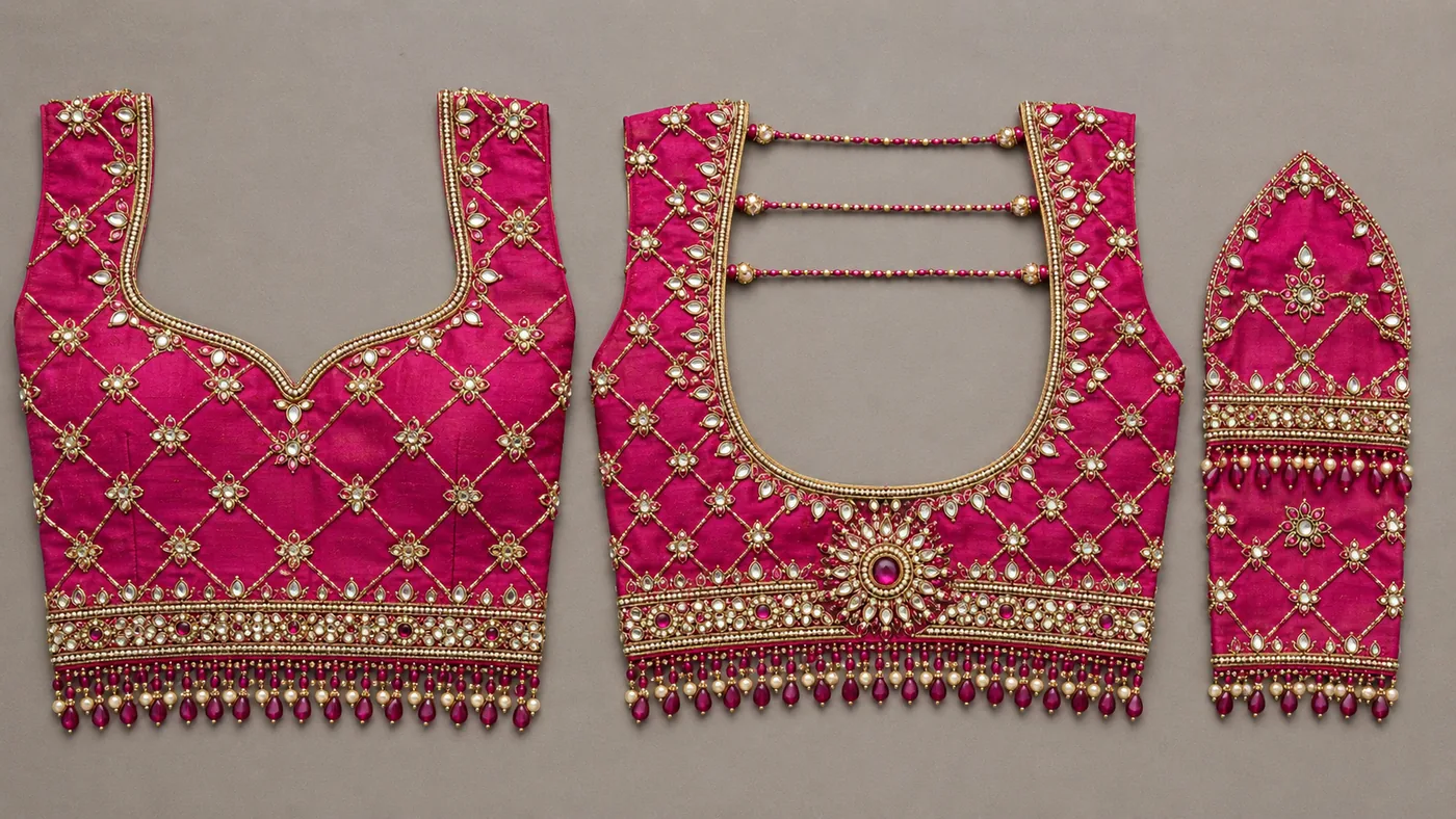 Design reference - Bright rani pink silk blouse covered in a gold diamond lattice set with white stone flowers, finished with a jewelled waist band and a fringe of pink and pearl drops; the sweetheart front is echoed by a scooped back strung with three beaded ties and a stone medallion at the waist.