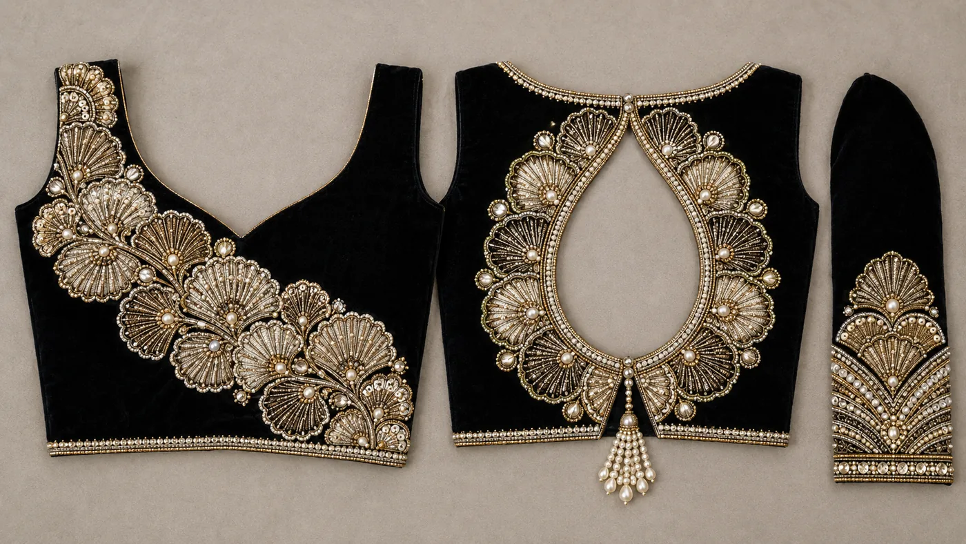 Design reference - Black velvet blouse embroidered in antique gold and pearl with overlapping fan or shell shapes sweeping diagonally across the front, a teardrop back opening ringed by the same fans and finished with a pearl tassel, and a fan spray on the sleeve cuff.