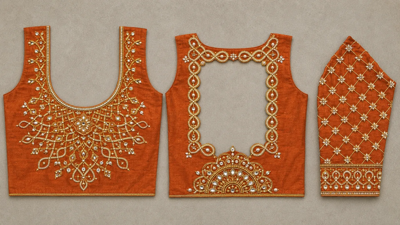 Design reference - Rust orange silk blouse with a necklace-like spread of gold chain loops and white kundan stones fanning below the round neck, a looping chain border around the square back cut-out with a temple-arch fan at the waist, and a stone-flower trellis on the sleeve.