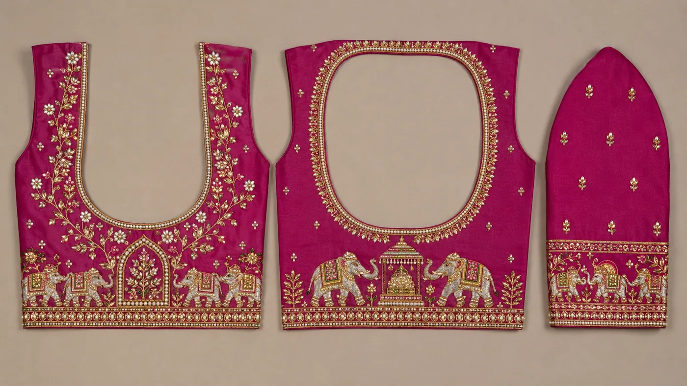 Design reference - Magenta silk blouse with a procession of white and gold elephants flanking a small temple shrine along the waist border, floral creepers and a temple arch rising up the front, a pearl-and-zari framed square back opening, and matching elephants on the sleeve band.
