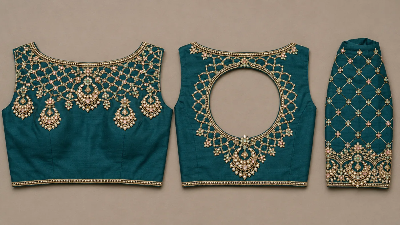 Design reference - Deep teal silk blouse with a gold trellis yoke ending in five hanging chandbali crescent pendants set with pastel pink and green stones, a matching collar around the round back cut-out with a single large pendant, and a stone trellis on the sleeve.