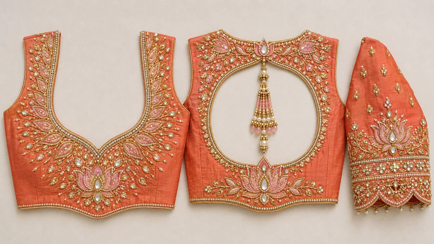 Design reference - Coral silk blouse centred on a pink and gold lotus at the waist with radiating petal and leaf sprays climbing to the shoulders, a round back opening edged in pearls with a pink bead tassel and a second lotus below it, and a scalloped sleeve cuff with pearl drops.