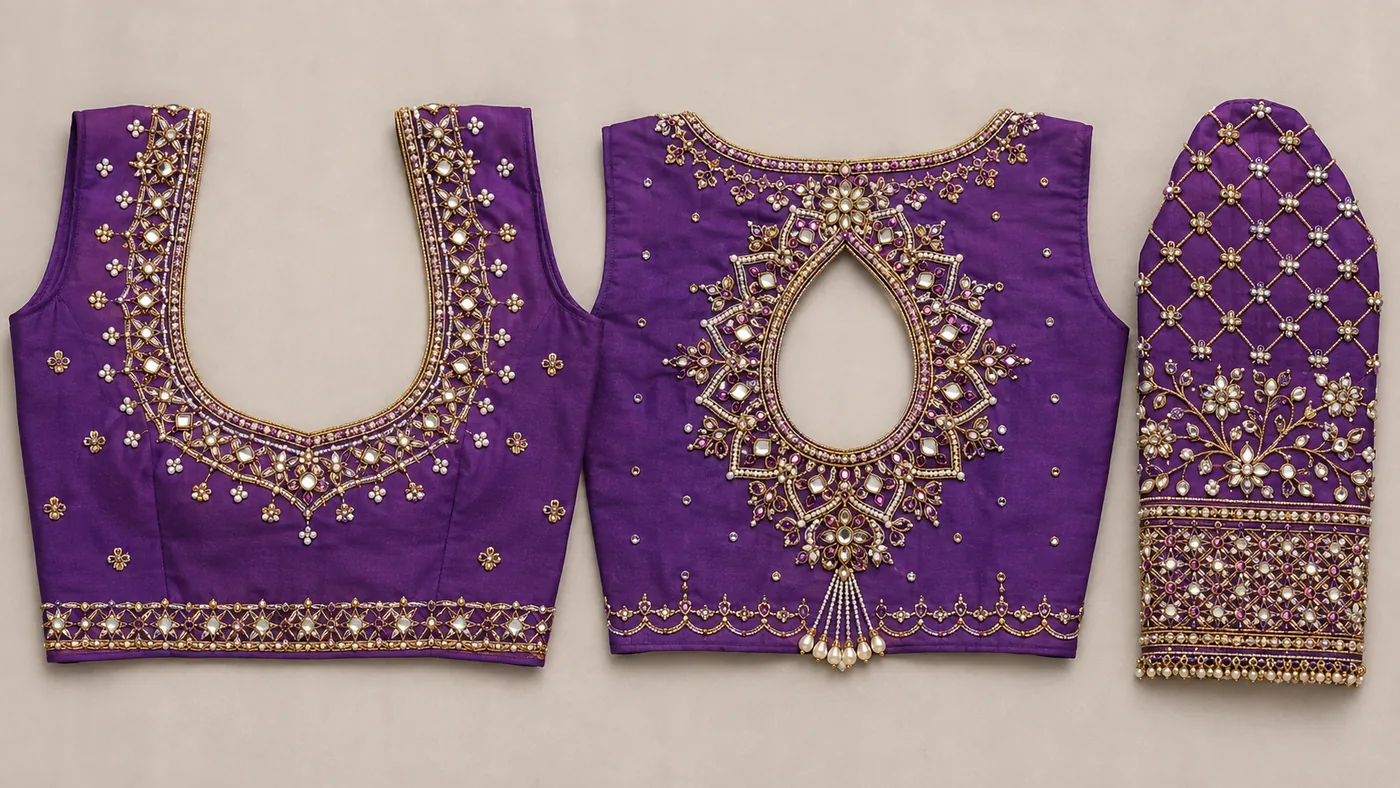 Design reference - Deep purple silk blouse worked in gold with small round mirrors and white stone flowers scattered over the body, a mirrored waist border, and a teardrop back opening framed by a dense radiating stone collar that ends in a pearl tassel; the sleeve carries a trellis and a floral cuff band.