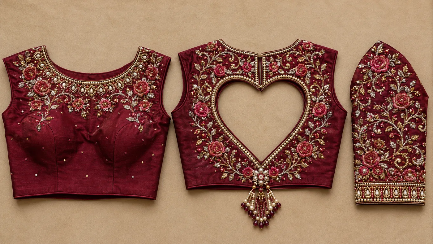 Design reference - Maroon raw-silk blouse shown as front, back and sleeve, with pink rose and leafy vine embroidery framing a wide round front neck and a heart-shaped back cut-out outlined in pearls with a pearl-and-bead tassel below.
