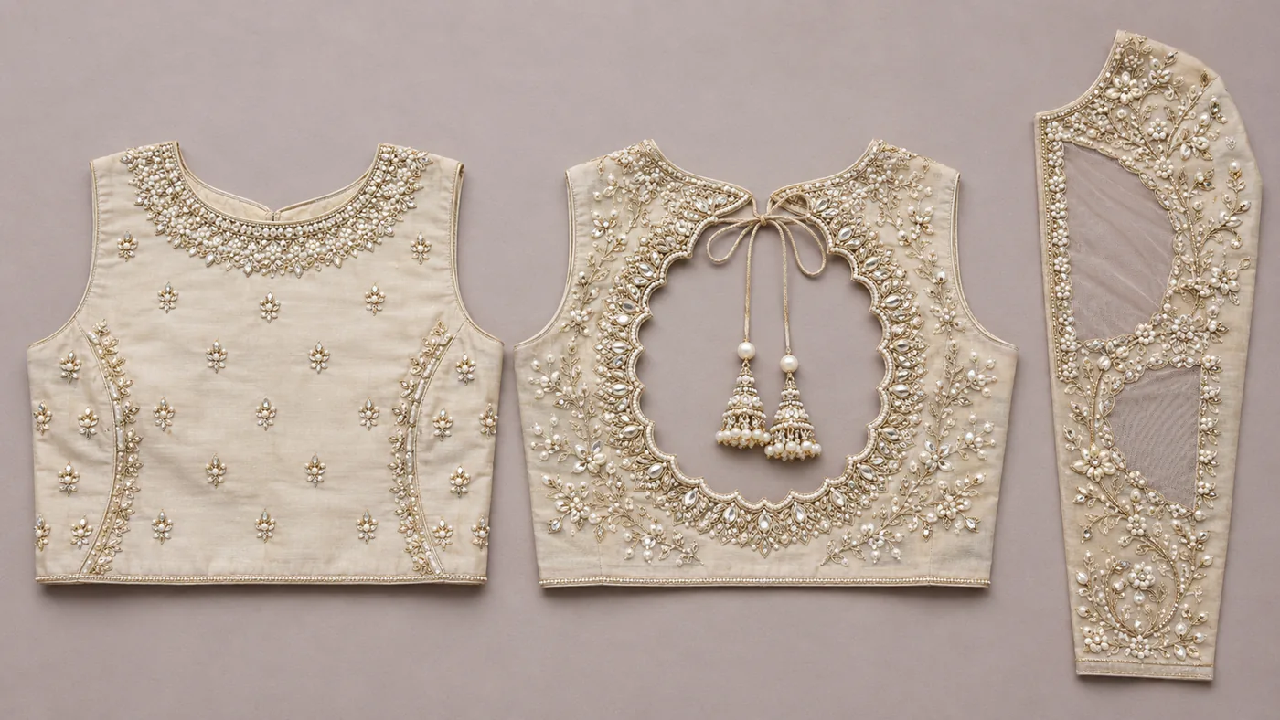 Design reference - Ivory silk blouse with all-over pearl and kundan work - a dense collar-like band around the round front neck, scattered floral buttis on the body, a scalloped pearl-edged round back opening with jhumka tassels, and a sleeve with sheer net panels set into leafy pearl vines.