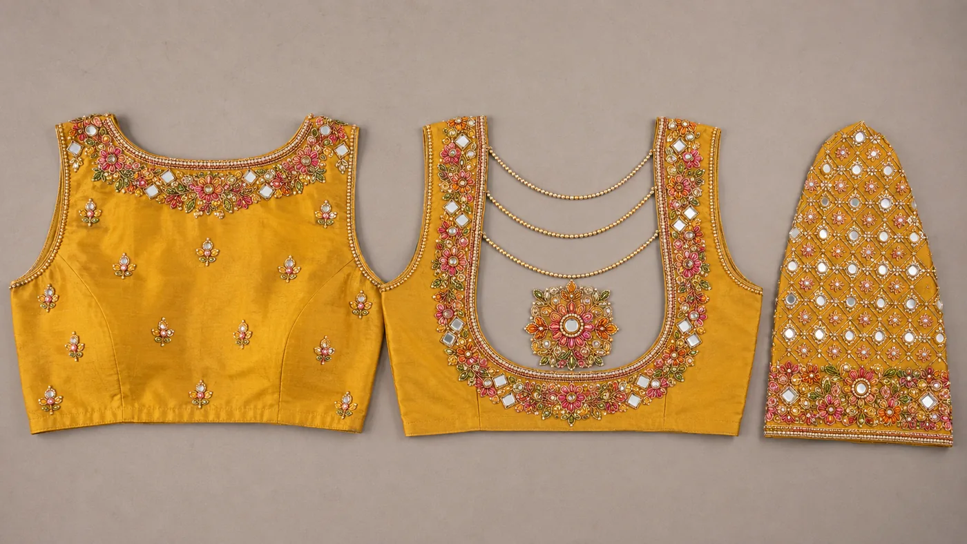 Design reference - Mustard-yellow silk blouse with pink, orange and green floral embroidery set with round and square mirrors around a square front neck and a deep U back strung with gold bead chains and a central mirrored floral medallion; the sleeve carries a full mirror lattice.