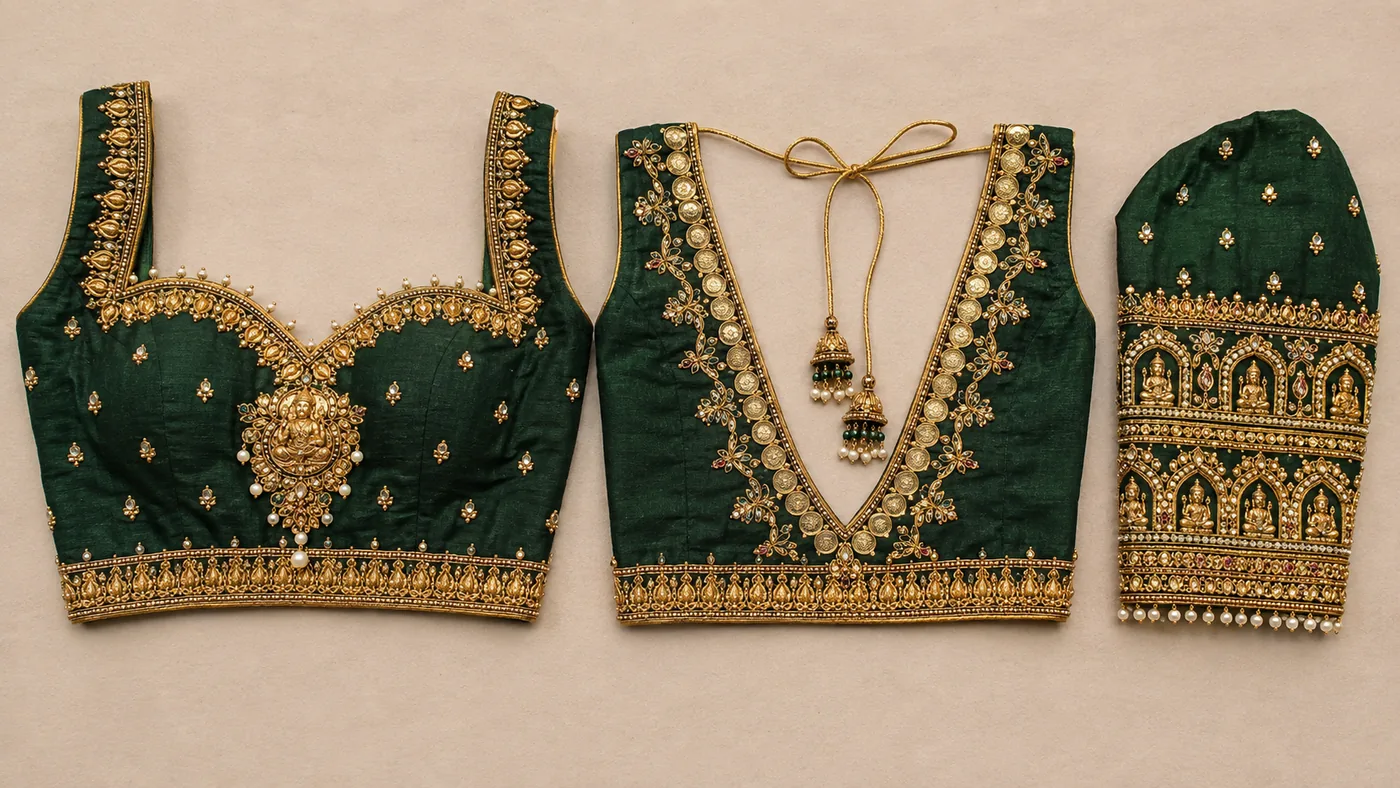 Design reference - Deep bottle-green silk blouse worked in antique gold temple-jewellery style, with a sweetheart front neck carrying a Lakshmi pendant motif, a deep V back edged in gold coins with jhumka tassels, a heavy gold mango border along the hem, and a sleeve panel of temple gopuram arches with seated deities and pearl drops.