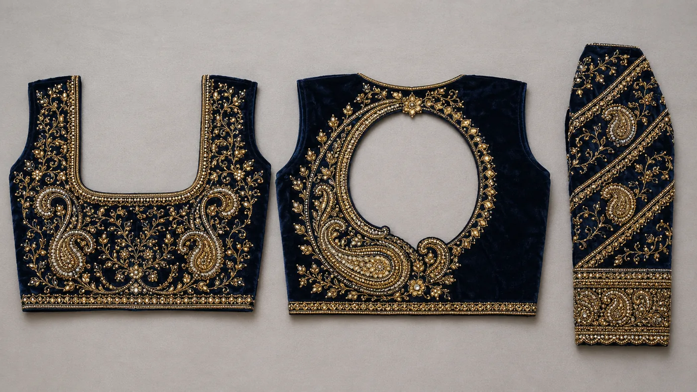 Design reference - Navy velvet blouse embroidered in antique gold and silver zardosi, with large paisleys and fine flowering vines around a square front neck, a big single paisley curling around the round back opening, and diagonal paisley bands on the sleeve.