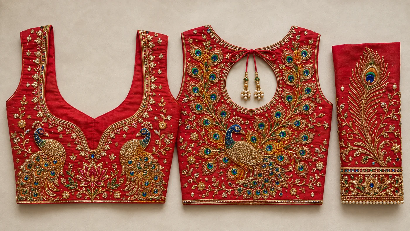 Design reference - Red silk blouse with a pair of gold peacocks flanking a pink lotus below the sweetheart front neck, a single large fanned peacock filling the back around a round tie opening, and a long peacock feather worked down the sleeve in gold with blue and green eyes.