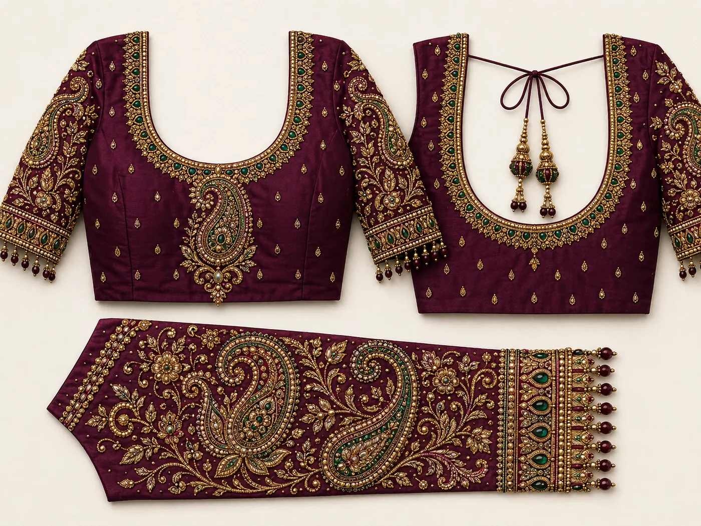 Design reference - Deep wine silk blouse with elbow sleeves, worked in gold zardosi with green stones - a jewelled band around the round front and back necks, a single large paisley pendant on the chest, scattered buttis, and a flattened sleeve panel showing big paisleys and floral vines ending in a beaded drop fringe.