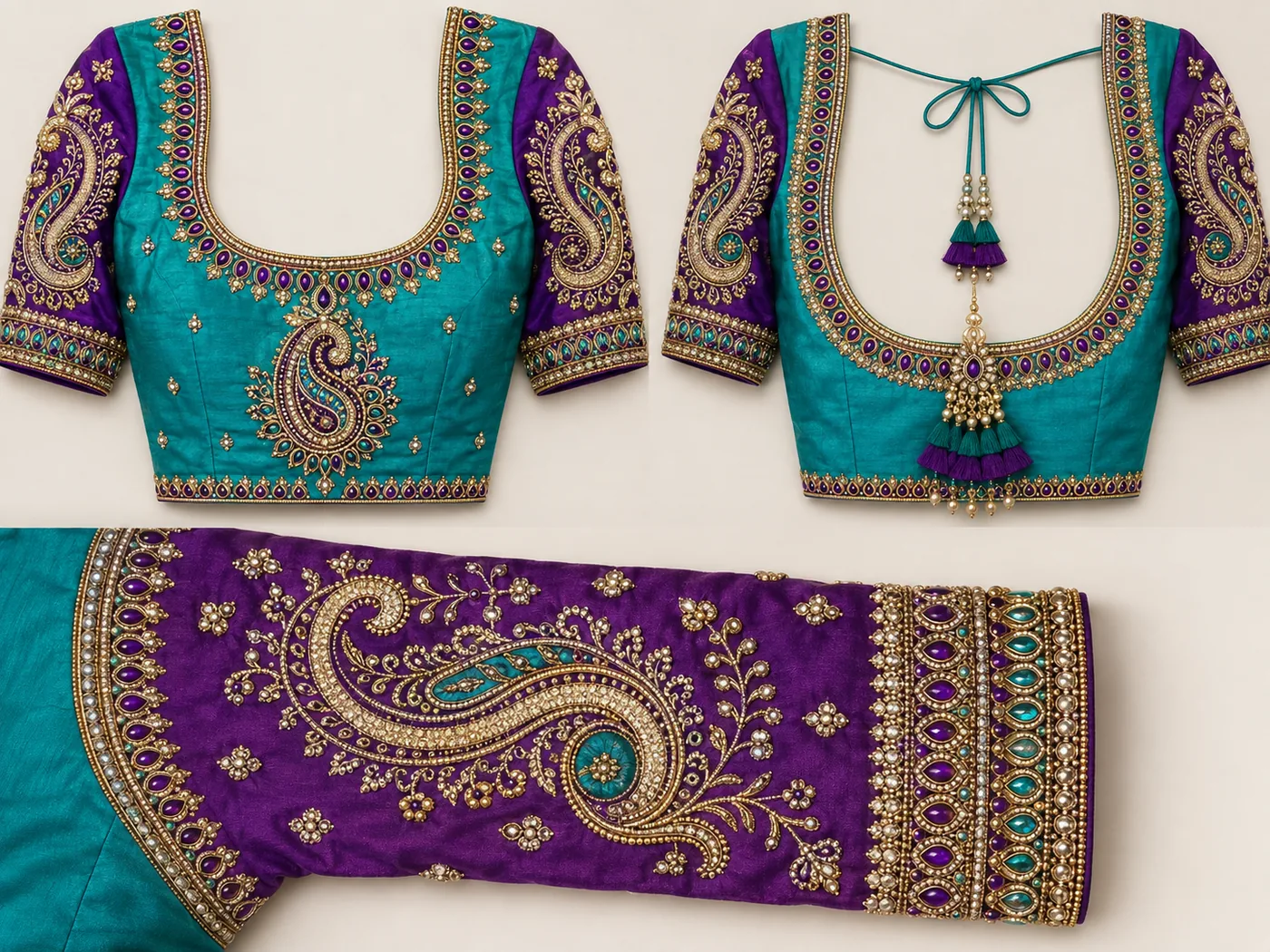 Design reference - Teal silk blouse with contrasting purple sleeves and shoulder yokes, gold and stone paisley work on the sleeves and a paisley pendant on the chest, a jewelled scoop neck front and back set with purple and green stones, and a tasselled back tie.