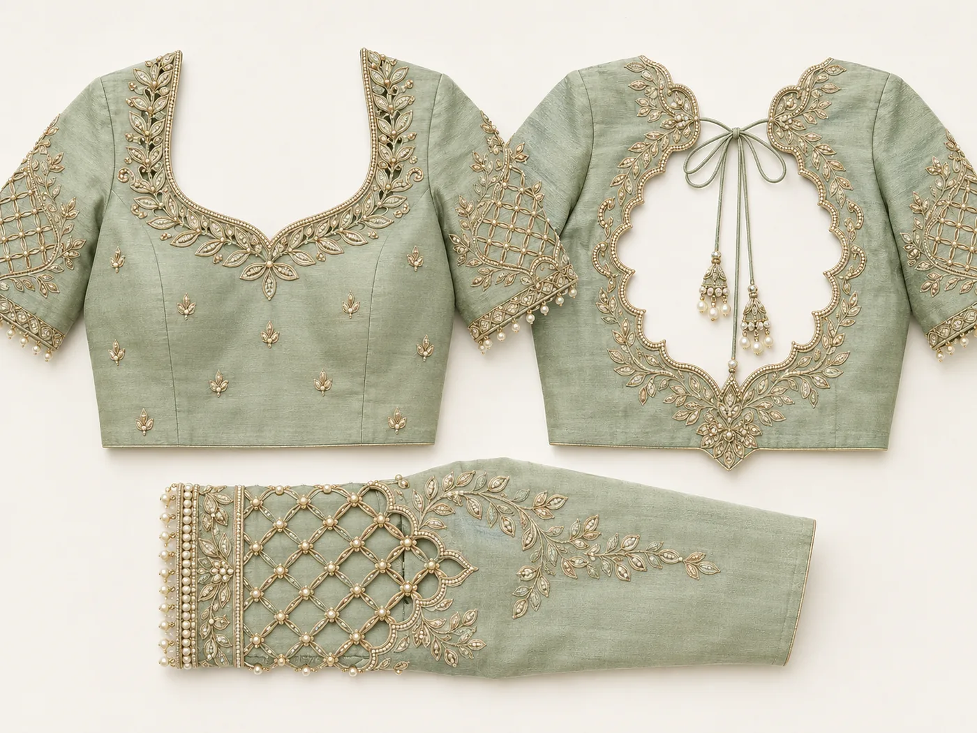 Design reference - Sage-green silk blouse with pale gold and pearl leaf-vine embroidery outlining a sweetheart front neck, a scalloped open back edged in pearls with tie tassels, small leaf buttis over the body, and elbow sleeves carrying a pearl lattice panel and pearl drop fringe.