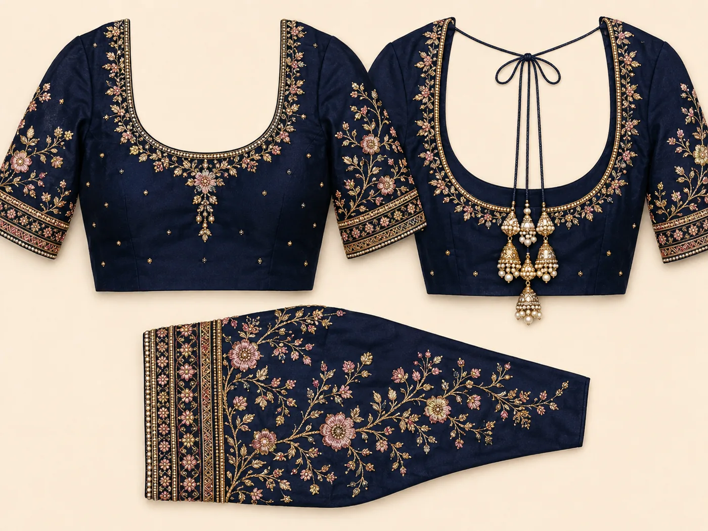 Design reference - Navy silk blouse with elbow sleeves, embroidered in soft pink and gold with trailing floral creepers over the sleeves and shoulders, a fine gold-beaded scoop neck front and back, a small floral drop at the centre chest, and jhumka tassels on the back tie.