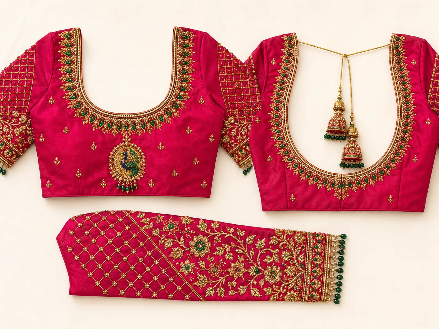 Design reference - Rani-pink silk blouse with gold and green stone work, a leaf-drop jewelled band around the round front and back necks, an oval peacock medallion at the centre chest, gold chain ties with jhumka tassels at the back, and a sleeve worked with a gold trellis and floral vine finished in green bead drops.