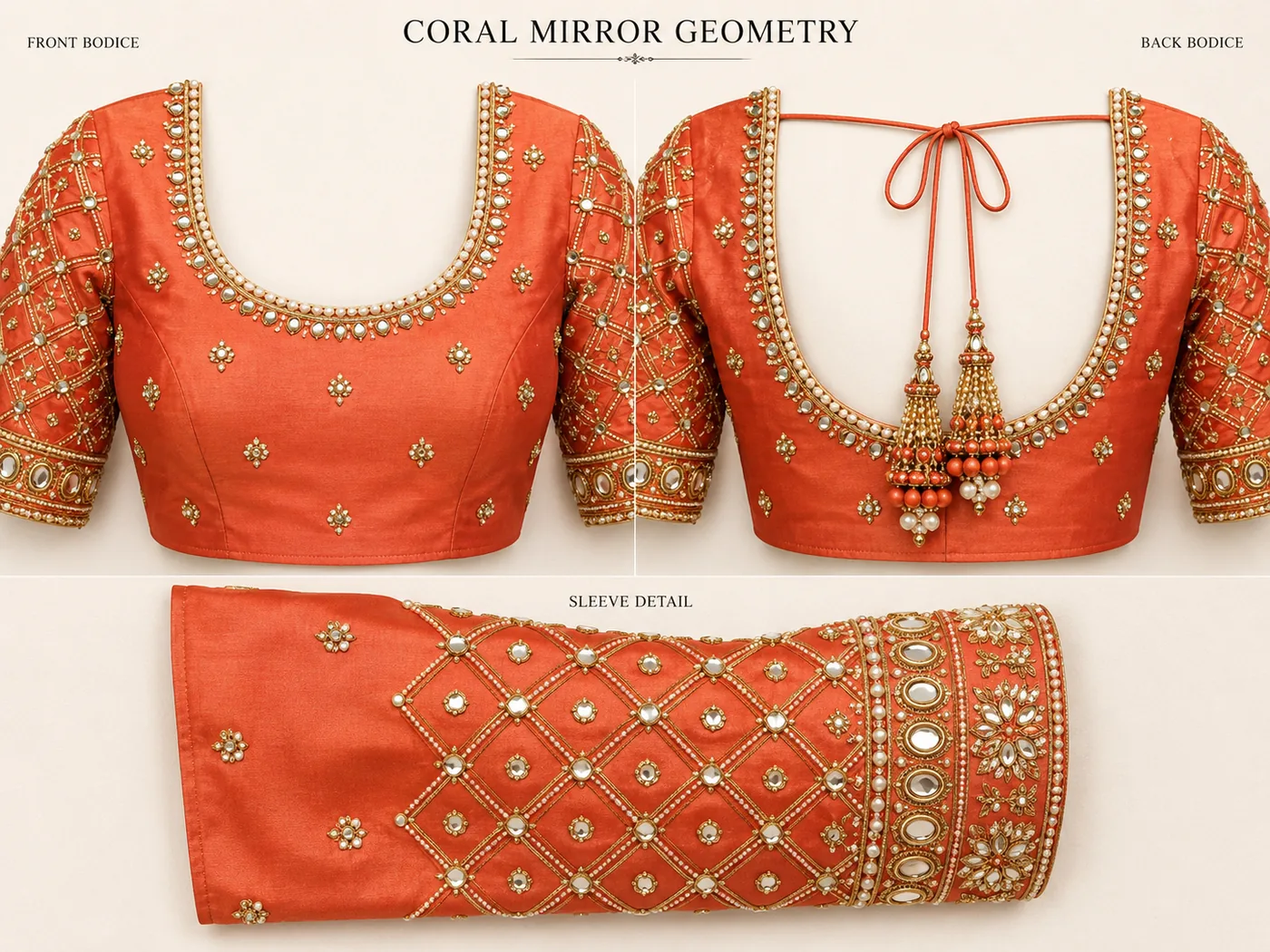 Design reference - Coral-orange silk blouse with a pearl and kundan outlined scoop neck front and back, small mirror buttis on the body, coral-and-pearl tassel ties at the back, and elbow sleeves filled with a diamond lattice of round mirrors ending in a kundan cuff band.