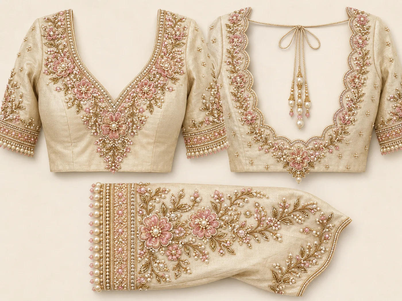 Design reference - Champagne-gold tissue-look blouse with pink thread and pearl flowers running down a deep V front neck, a scalloped pearl-edged wide back with a central flower drop, and elbow sleeves of pink floral sprays finished with pink and cream pearl fringe.