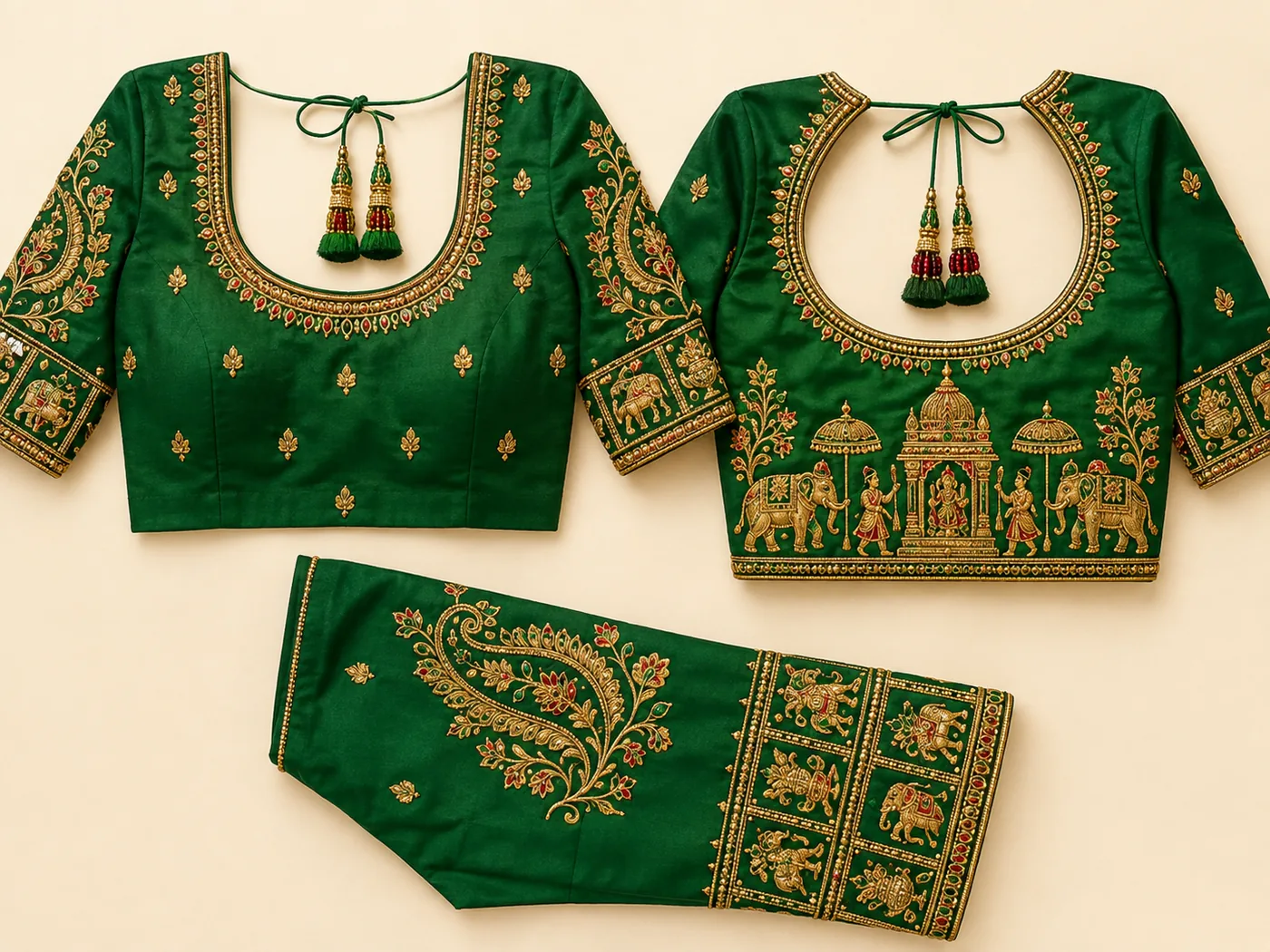 Design reference - Bottle green silk blouse shown front, back and sleeve, with a gold temple shrine flanked by caparisoned elephants and attendant figures filling the back panel, a beaded scoop neckline, and a paisley-and-vine sleeve ending in a panelled elephant border.