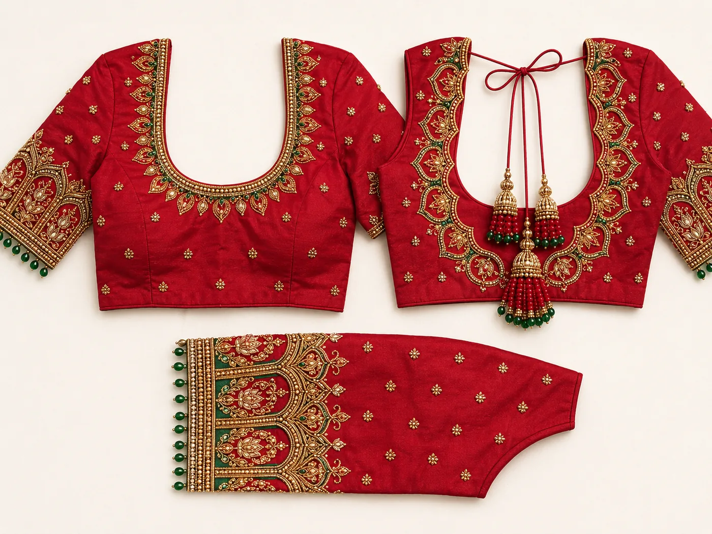 Design reference - Deep red silk blouse with front, back and sleeve laid flat, showing a gold and pearl petal border round the scoop neck, arched lotus panels framing the back neckline, scattered gold buttis over the body, and a temple-arch sleeve cuff hung with green bead drops.