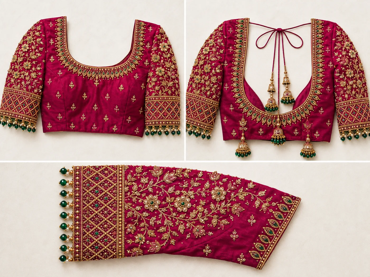 Design reference - Magenta silk blouse in three views with a gold petal-drop neckline, dense gold and green floral creeper covering the sleeves, a criss-cross lattice cuff band edged in green and pearl drops, and jhumka tassels at the back tie.