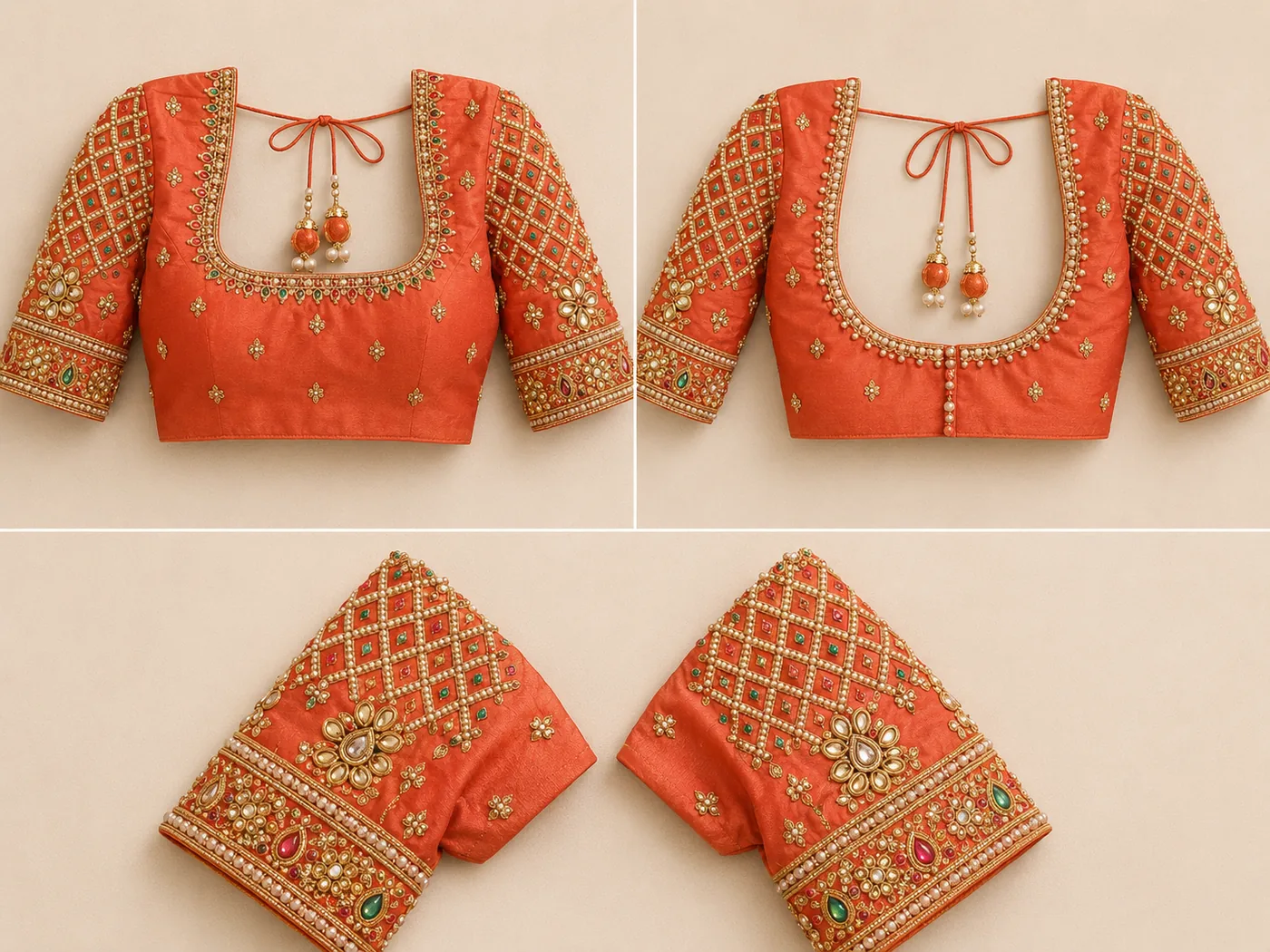 Design reference - Burnt orange silk blouse with a square front neckline and deep round back, outlined in pearl and gold beading, sleeves worked in a pearl diamond lattice with a large kundan flower and a jewelled cuff band of coloured stones.