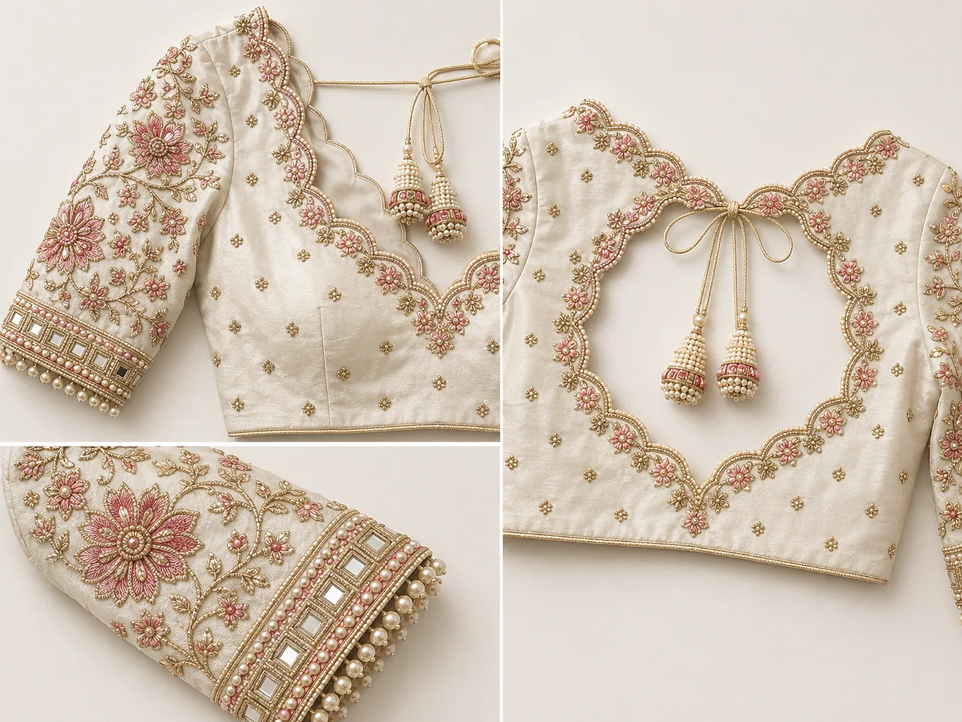 Design reference - Ivory silk blouse with a scalloped pink and gold flower border tracing the front and the heart-shaped back opening, pink floral vines on the sleeves, and a square mirror band with pearl drop fringe at the cuff.