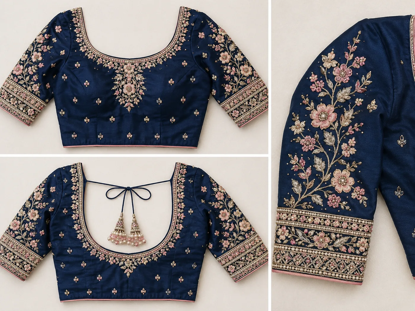 Design reference - Navy blue silk blouse shown front, back and sleeve close-up, embroidered with soft pink and gold flowering branches on the sleeves and a small floral pendant motif at the centre front, with a pearl-edged round neck and a lattice cuff band.