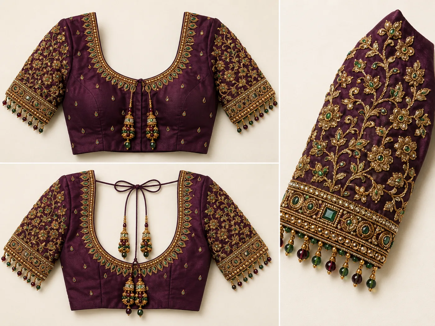 Design reference - Deep plum silk blouse with front, back and sleeve views, worked in antique gold and green stone flowers and vines across the sleeves, a stone-set petal neckline front and back, and a jewelled cuff band finished with green and wine glass bead drops.
