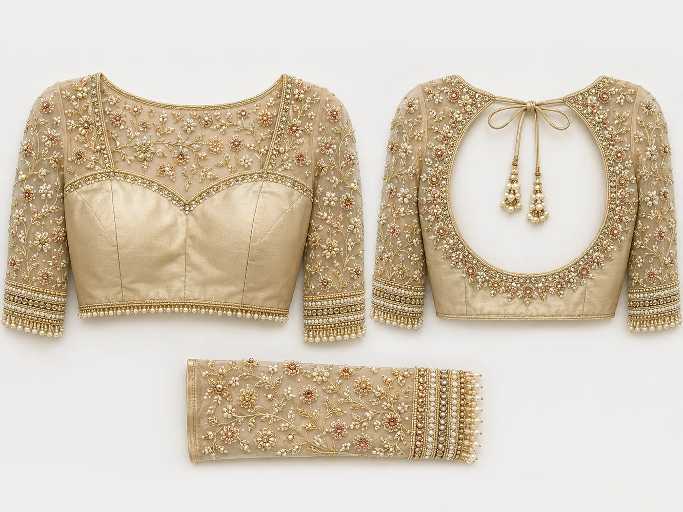 Design reference - Gold tissue blouse with a sweetheart bodice under a sheer net yoke and sleeves scattered with pearl and gold flowers, a wide round back opening edged in beading, and pearl drop fringe along the hem and sleeve cuffs.