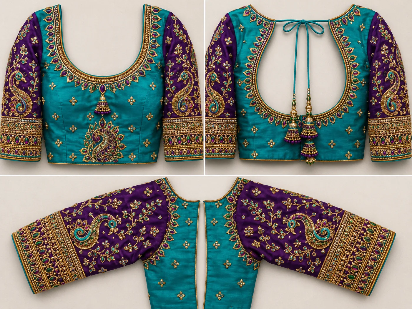 Design reference - Teal blue silk blouse with contrasting purple sleeves, a stone-set scoop neck with a hanging jhumka motif, a large paisley and peacock motif at the centre front and on each sleeve, and a broad jewelled cuff band of gold, green and purple stones.