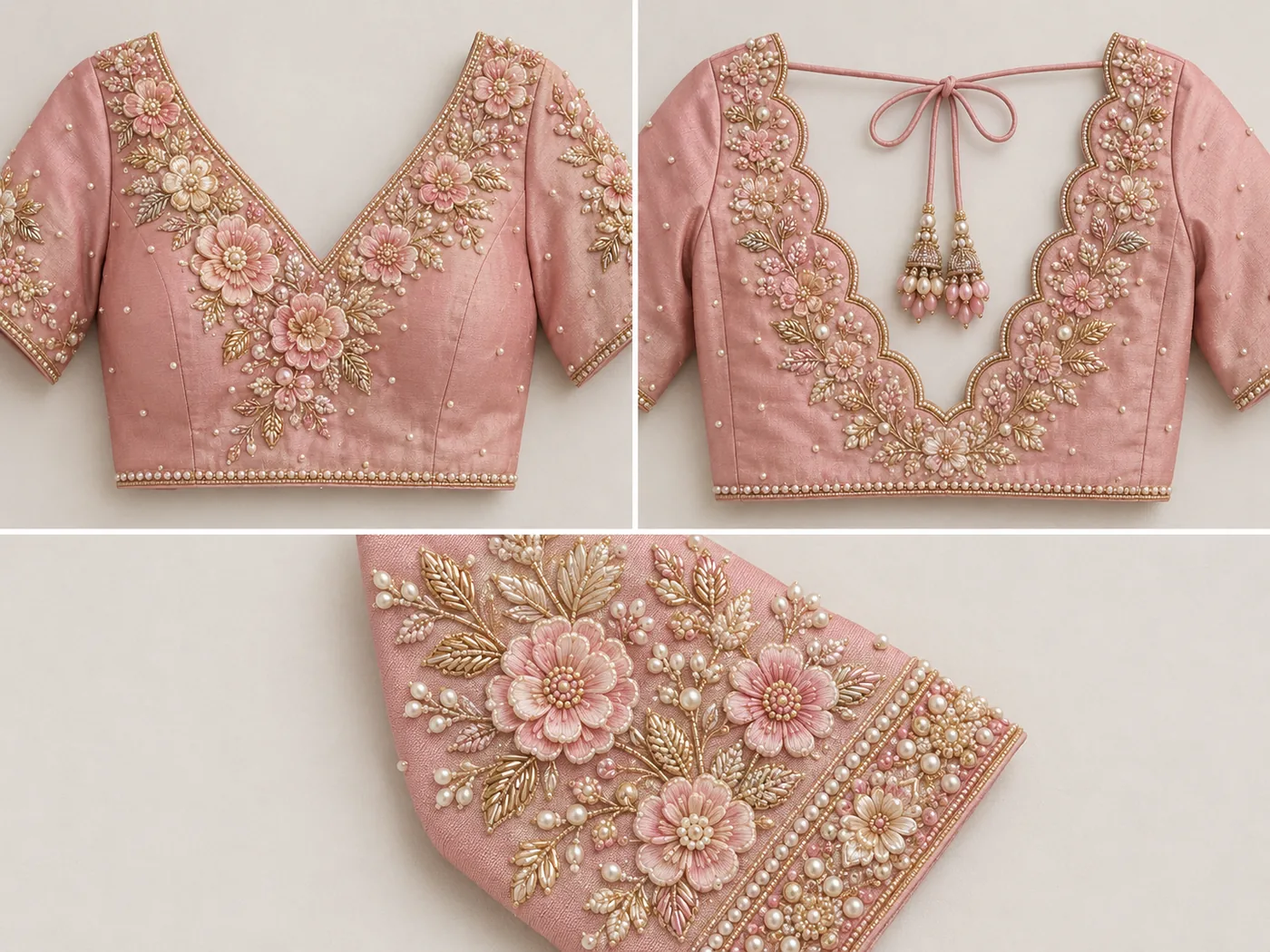 Design reference - Dusty pink raw silk blouse with a deep V front and scalloped V back, both traced with raised pink and cream flowers, leaves and pearl clusters, scattered pearls over the body and a beaded hem line.