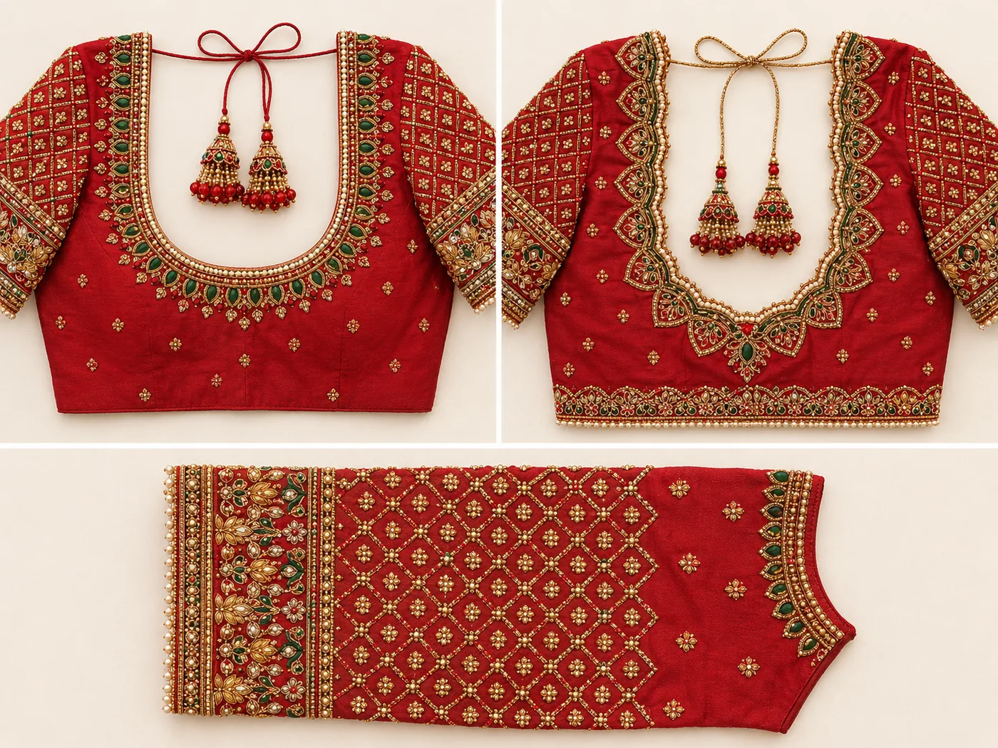 Design reference - Bright red silk blouse with a stone-set scoop neck front, a scalloped jewelled back yoke with a hem border, sleeves covered in a gold pearl diamond lattice with a lotus and kundan panel at the cuff, and red bead jhumka ties.