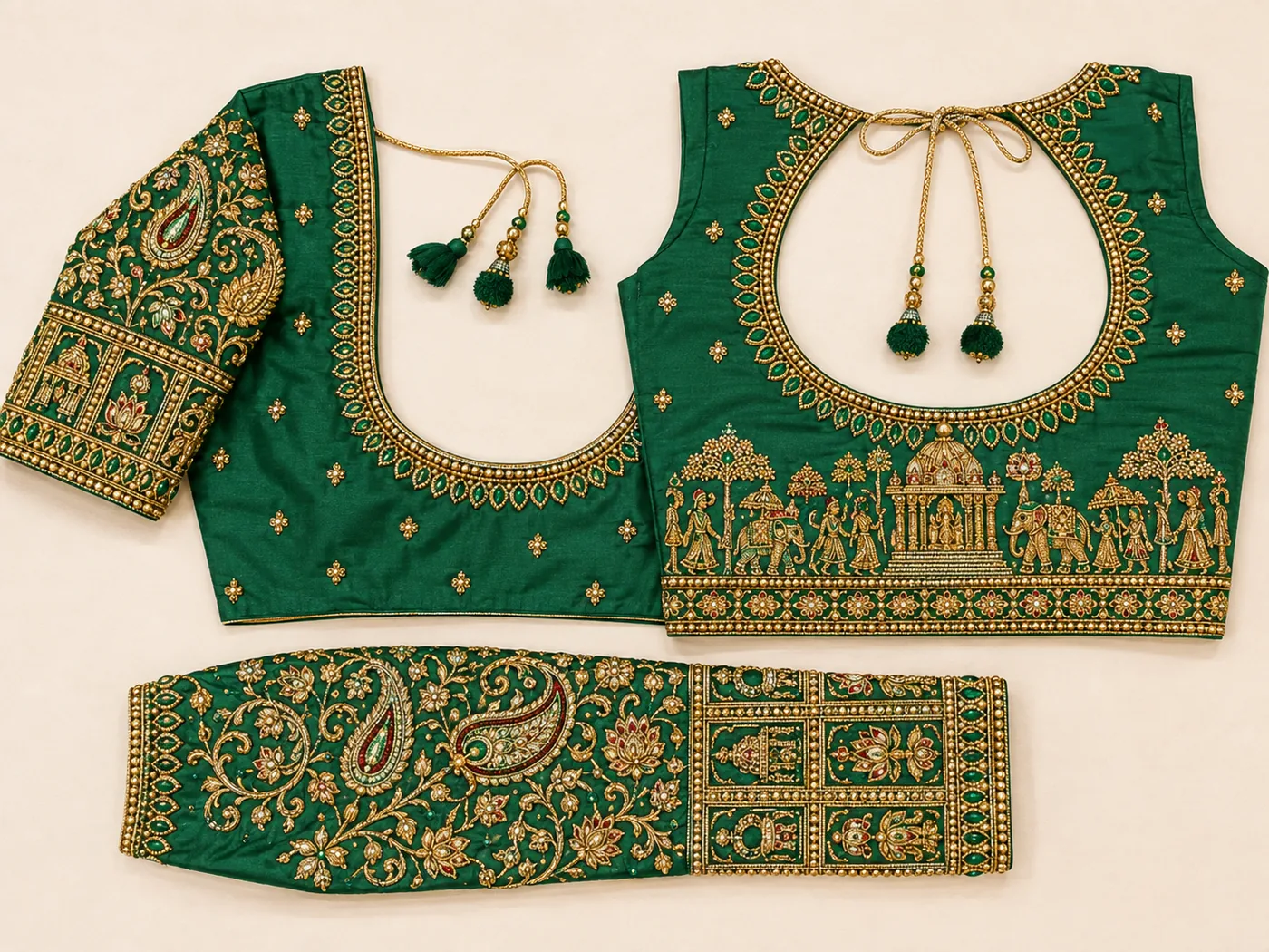 Design reference - Emerald green silk blouse with a sleeveless body and separate sleeve piece, the back showing a gold wedding procession of elephants, palanquins and figures around a temple shrine, with a stone-set neckline and a paisley and lotus panelled sleeve.