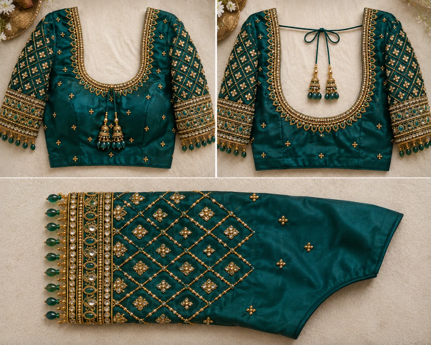 Design reference - Teal green silk blouse shown front, back and sleeve, with a gold and green stone-set scoop neckline, sleeves filled with a pearl diamond lattice of small flowers, a wide kundan cuff band and green bead drops along the edge.