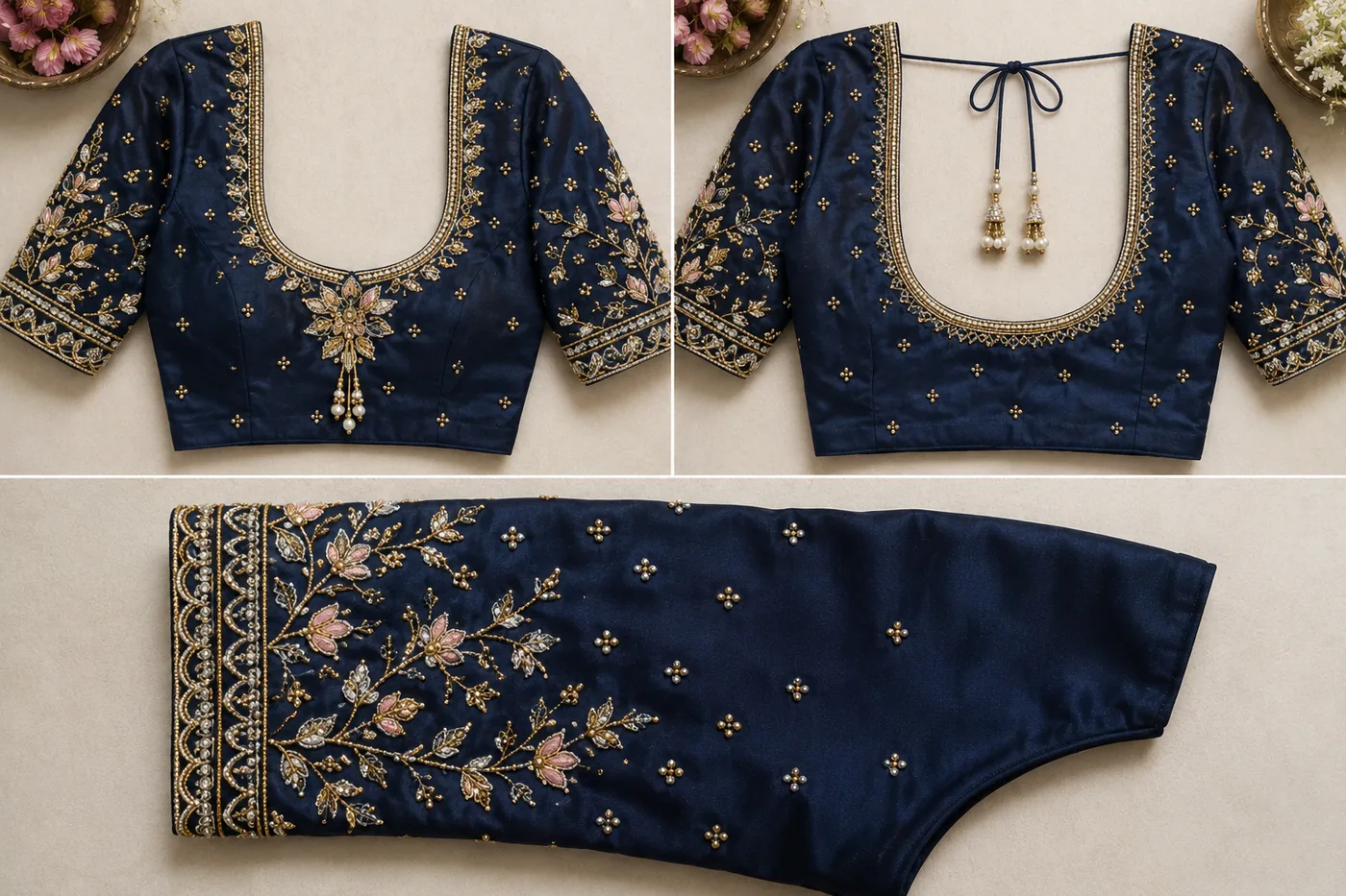 Design reference - Navy blue silk blouse shown front, back and sleeve, with a gold and pearl beaded band tracing the round neck, a small blush-pink flower motif at the centre chest, scattered gold cluster buttis over the body, and a climbing pink-and-gold leaf vine filling the elbow-length sleeves above a scalloped stone cuff border.