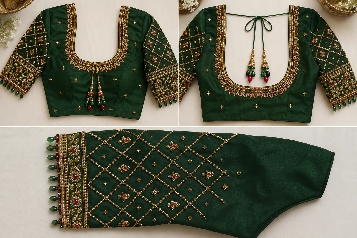 Design reference - Bottle green silk blouse with a broad gold, ruby-red and green stone band around the round neck and matching back neck, small gold buttis across the body, and sleeves covered in a diamond lattice of gold beadwork ending in a jewelled cuff border hung with green and red drop beads.