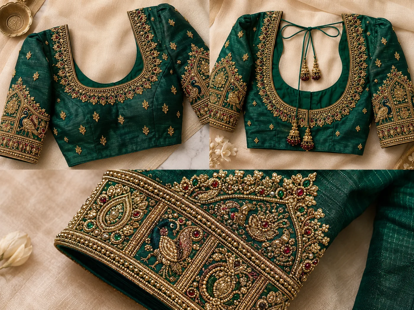 Design reference - Emerald green raw silk blouse with a wide gold kundan and ruby stone collar around the round neck, gold leaf buttis over the body, and heavily worked sleeves showing a peacock standing inside a temple arch above a dense gold beaded cuff.