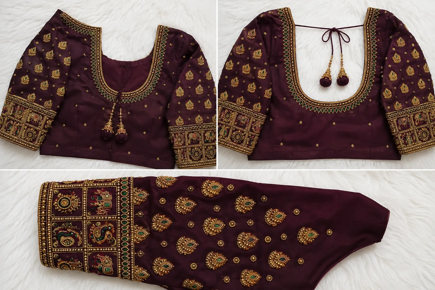 Design reference - Deep plum silk blouse with a green and gold stone-set scalloped neckline finished with beaded tassels, rows of gold and green mango buttis over the body and sleeves, and a panelled sleeve cuff showing elephants and paisleys in boxed compartments.