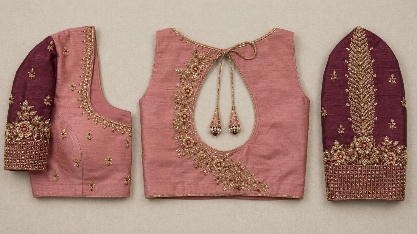 Design reference - Dusty rose silk blouse with contrasting wine-coloured sleeves, laid out as front, back and a spare sleeve; gold and stone floral vines edge the front neckline, a large flowering spray curves around the teardrop back opening with tasselled ties, and the wine sleeves carry a central feather motif above a square-grid stone cuff.