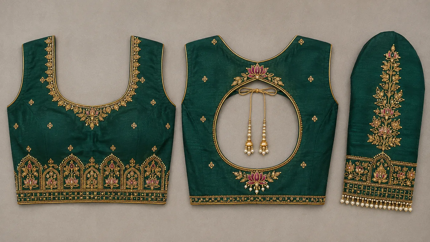 Design reference - Emerald green silk blouse with gold outlined round neck, a row of pink-and-gold lotus flowers set inside temple arches along the waist border, a round back cut-out ringed in gold beading with a lotus above and below, and a sleeve carrying a tall lotus creeper over a pearl-fringed cuff.