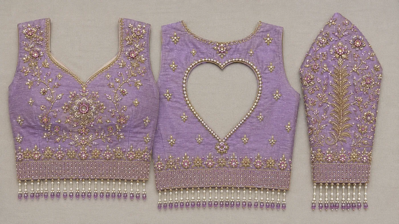 Design reference - Lilac raw silk blouse with sweetheart front neck, delicate gold and pink floral vines spreading across the chest around a central rosette, a heart-shaped back cut-out outlined in pearls, and a beaded grid waistband on all three pieces finished with hanging pearl and lilac bead drops.