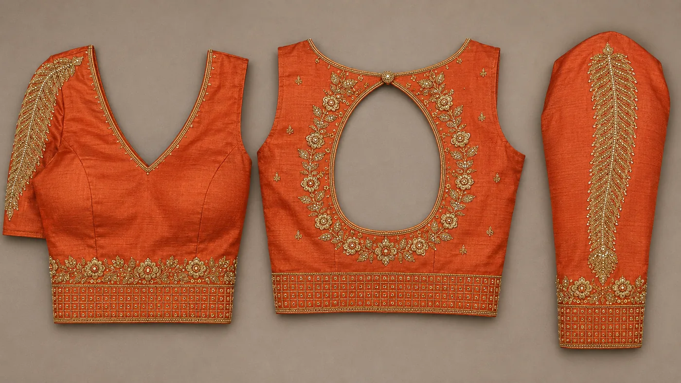 Design reference - Rust orange raw silk blouse with a deep V front neck, a gold floral and leaf border running around the oval back opening, a flat gold-worked waistband in a small square grid on every piece, and a single large gold feather-leaf motif running down each sleeve.