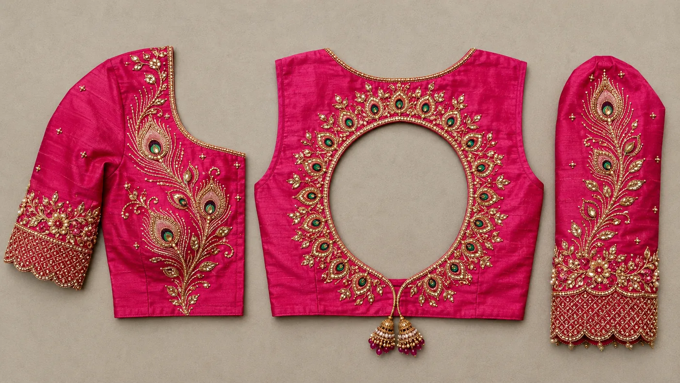 Design reference - Bright rani pink silk blouse whose peacock-feather eyes in gold with green and pink centres fan across the front and around a large round back cut-out finished with beaded tassels, while the sleeve carries a feather spray above a scalloped stone-and-pearl cuff.