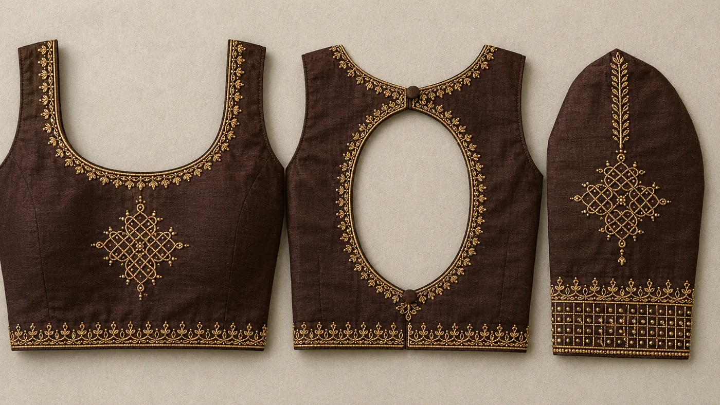 Design reference - Chocolate brown silk blouse worked only in gold thread, with a fine leaf-tip border outlining the scoop neck and the oval back opening, a single interlaced kolam-style knot motif at the centre chest and on the sleeve, and a small scalloped gold border along the hem.
