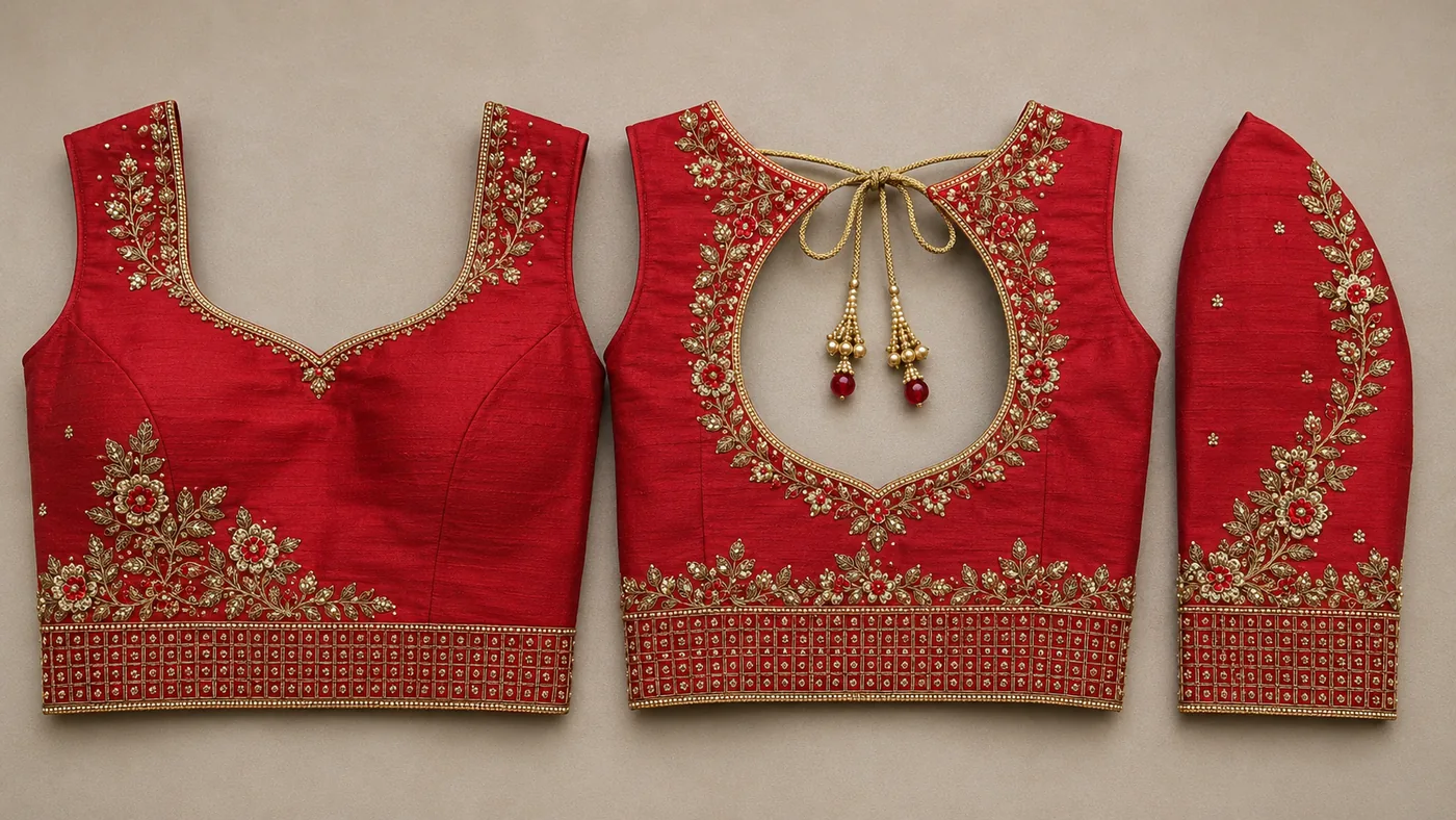 Design reference - Deep red silk blouse with a sweetheart front neck edged in gold beading, a spreading gold flower and leaf vine climbing from the waist across the front and framing the oval back tie opening, and a wide square-grid gold waistband repeated on the sleeve.